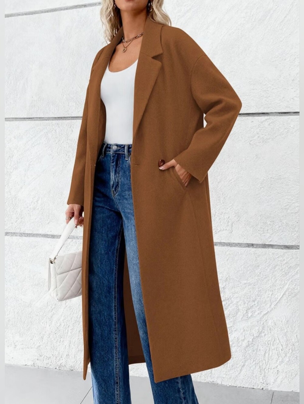 PrettyGarden Womens M 8-10 Camel Long Peacoat Double Breasted Oversized NWT